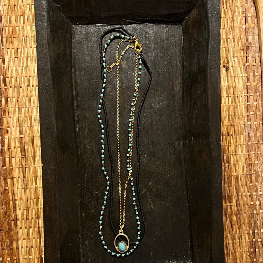Gold Pendant Layered Necklace with Turquoise Beads - Women Jewelry